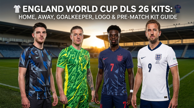 England World Cup DLS 26 Kits: Home, Away, Goalkeeper, Logo & Pre-Match Kit Guide